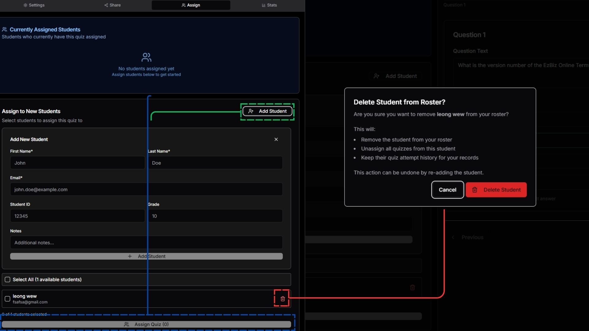 Student management interface showing add, assign, and delete functions